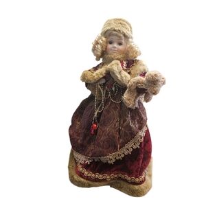 Vtg Victorian Christmas Doll Porcelain Face Curly Hair Fur 19 in tree topper